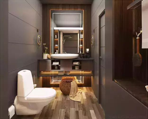 Bathroom modern with wooden flooring