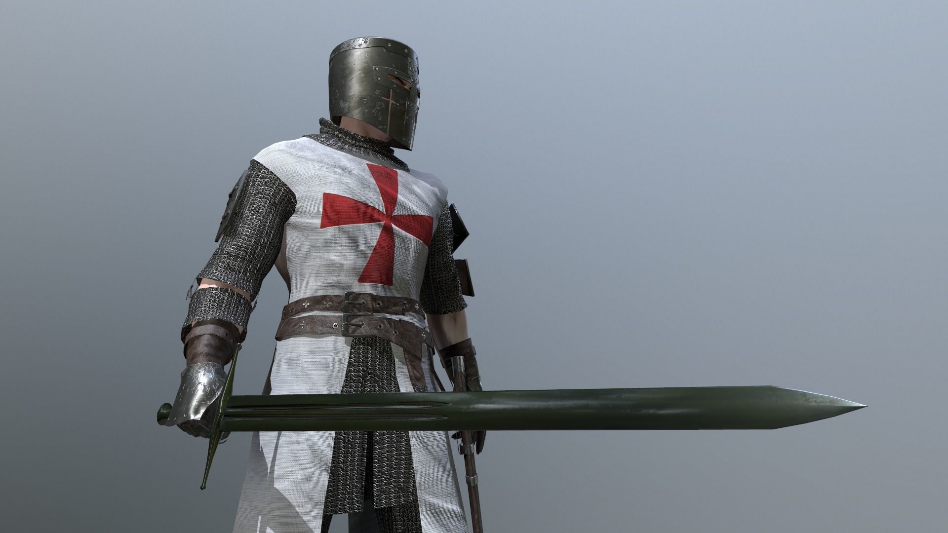 Crusader knight holding sword Low-poly 3D model_2