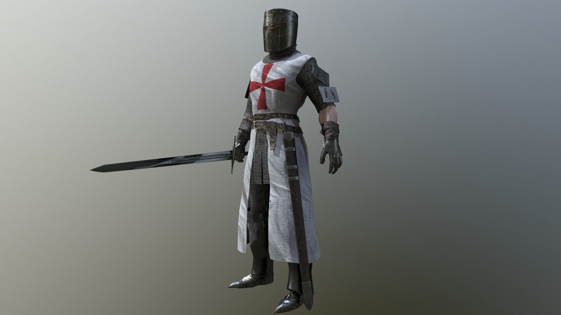 Crusader knight holding sword Low-poly 3D model_9