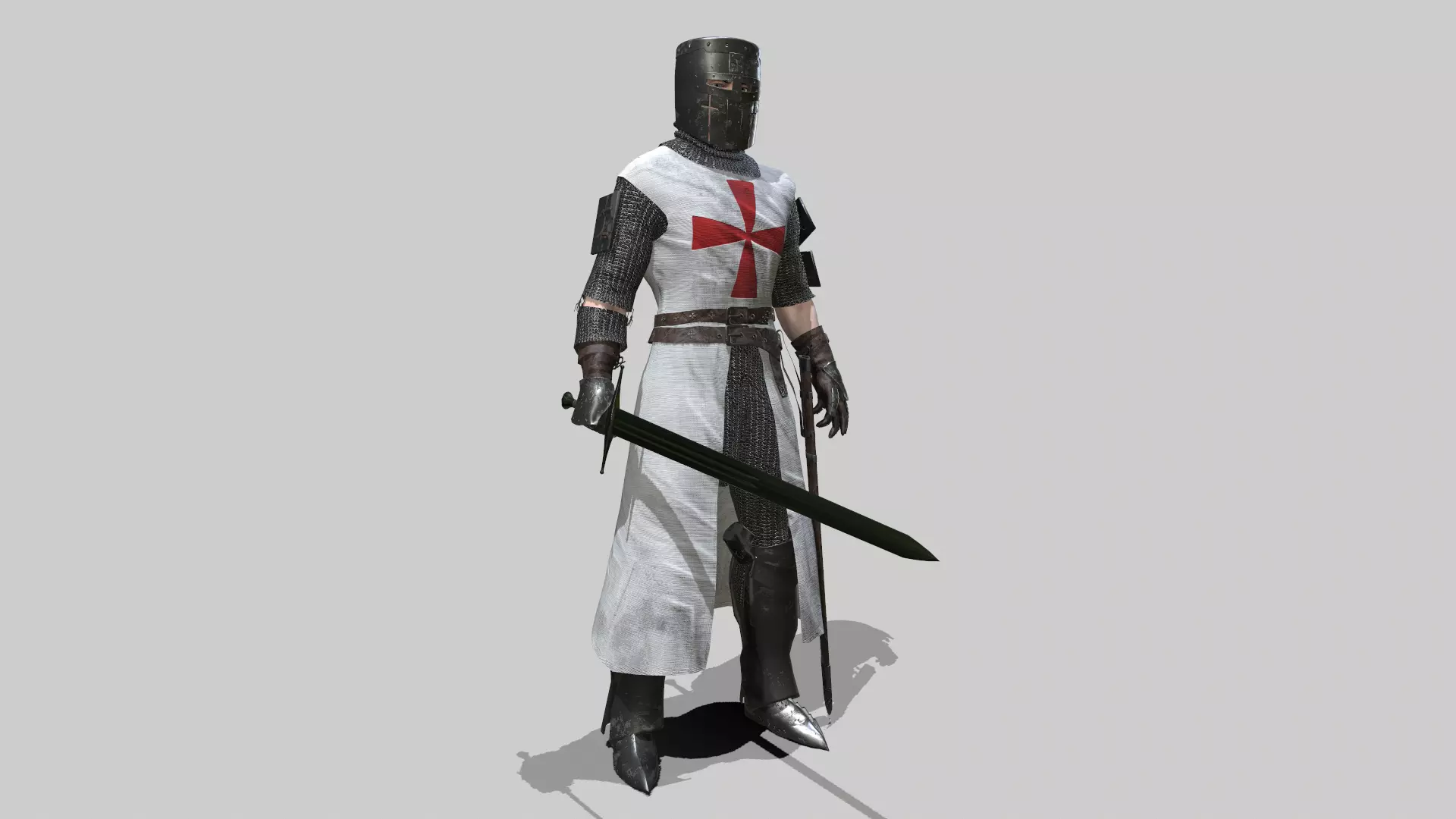 Crusader knight holding sword Low-poly 3D model_0