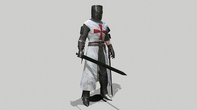 Crusader knight holding sword Low-poly 3D model