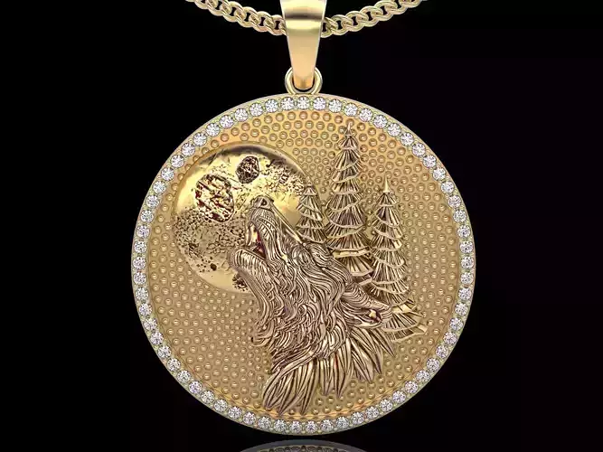 Wolf and moon pendant gold  printable jewelry 3D model