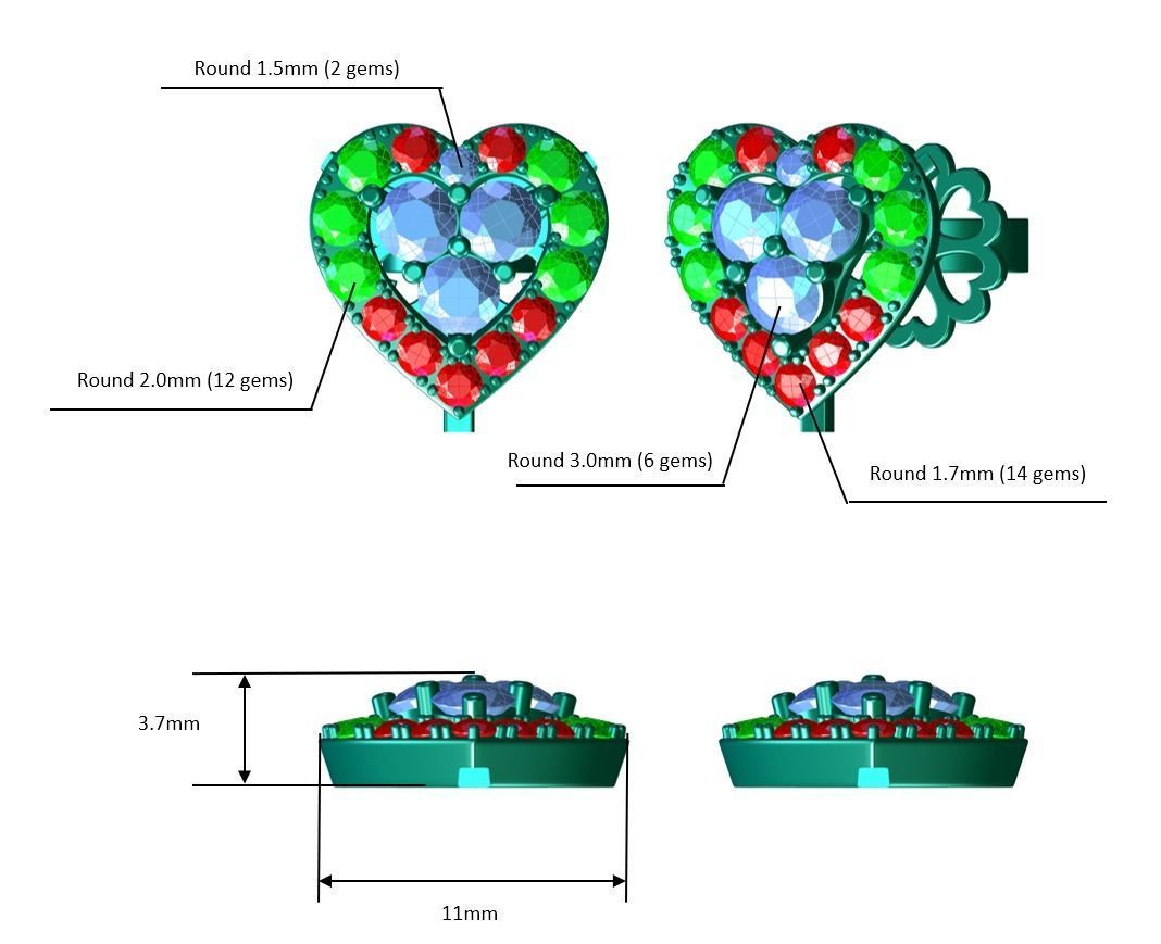 Love Heart Stud Earrings 3 3D print model_2