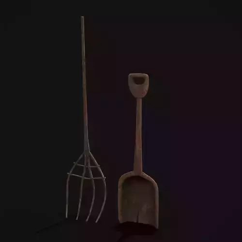 Rustic Medieval Wooden Shovel and Rake Low-poly 3D model