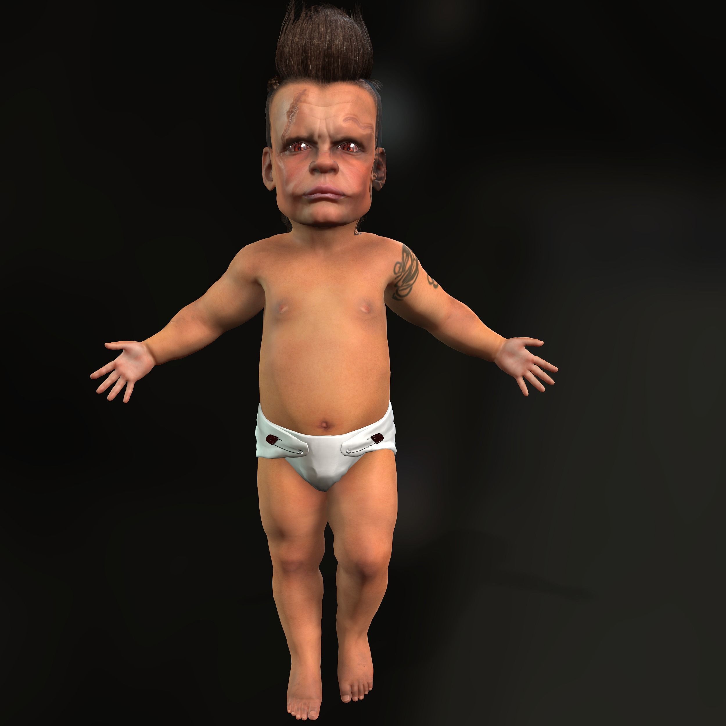 Realistic Fantasy 3D Character Scarred Tattooed Baby Mafia Boy  Low-poly 3D model_4