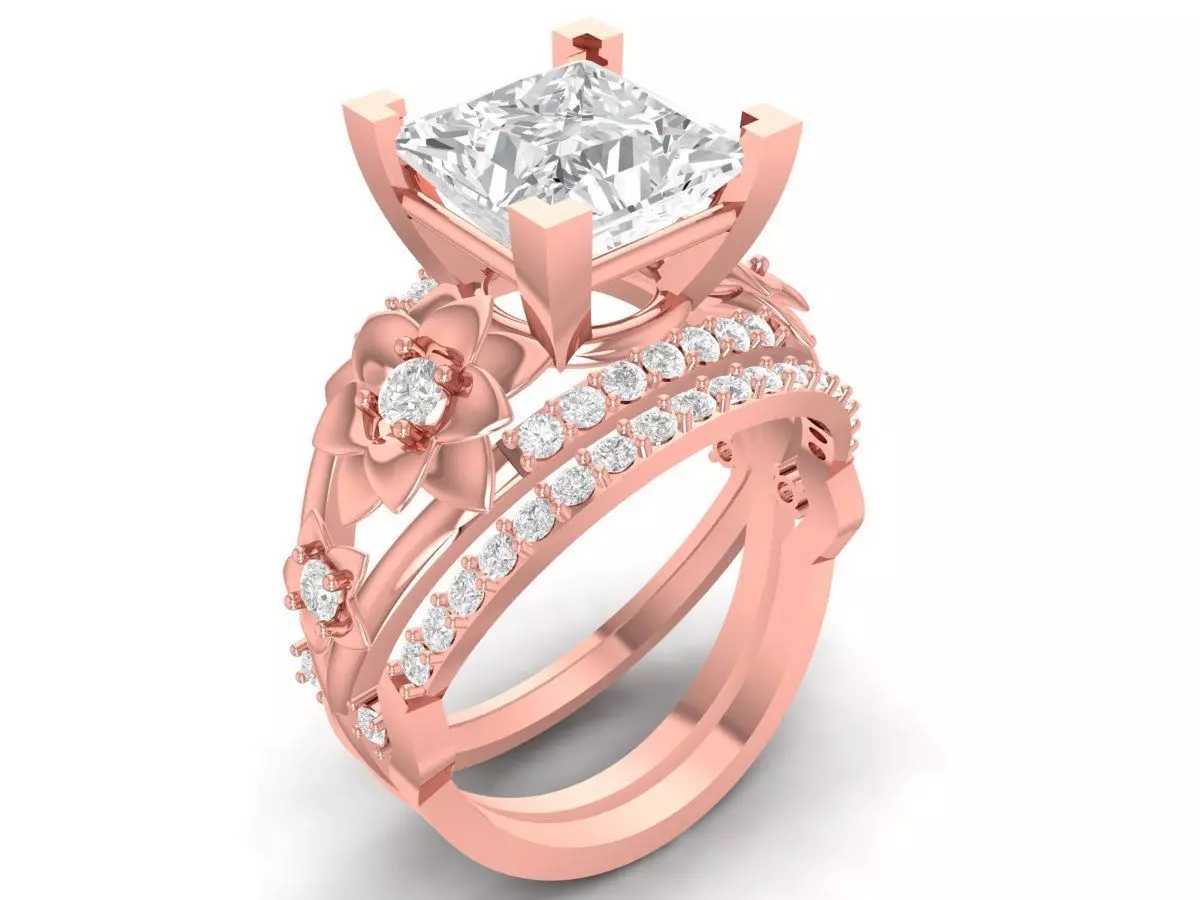 Luxury Three Piece Bridal Set Square Cut Engagement Ring 3528 3D print model