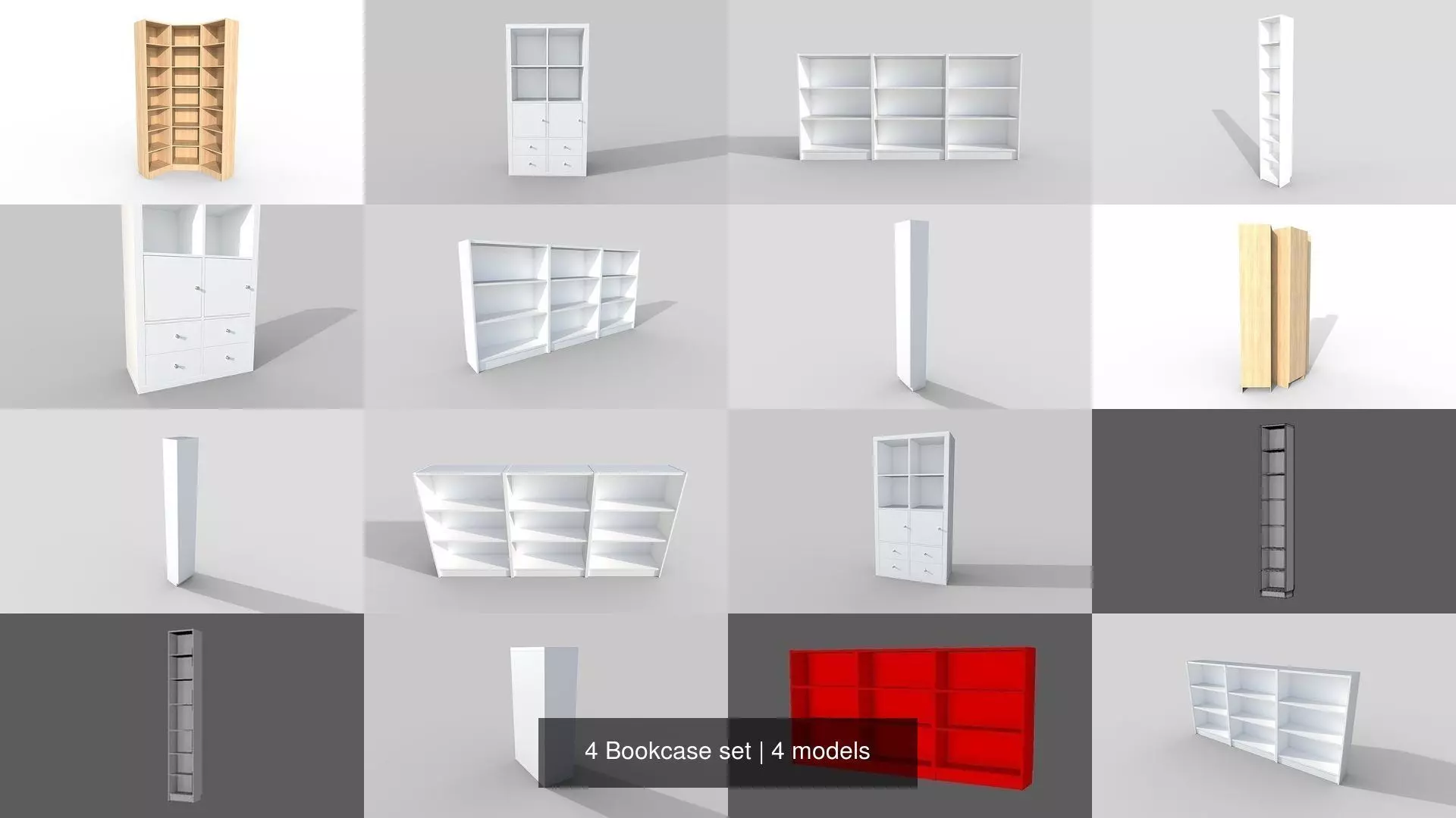 4 Bookcase set tall 3D Model Collection_0