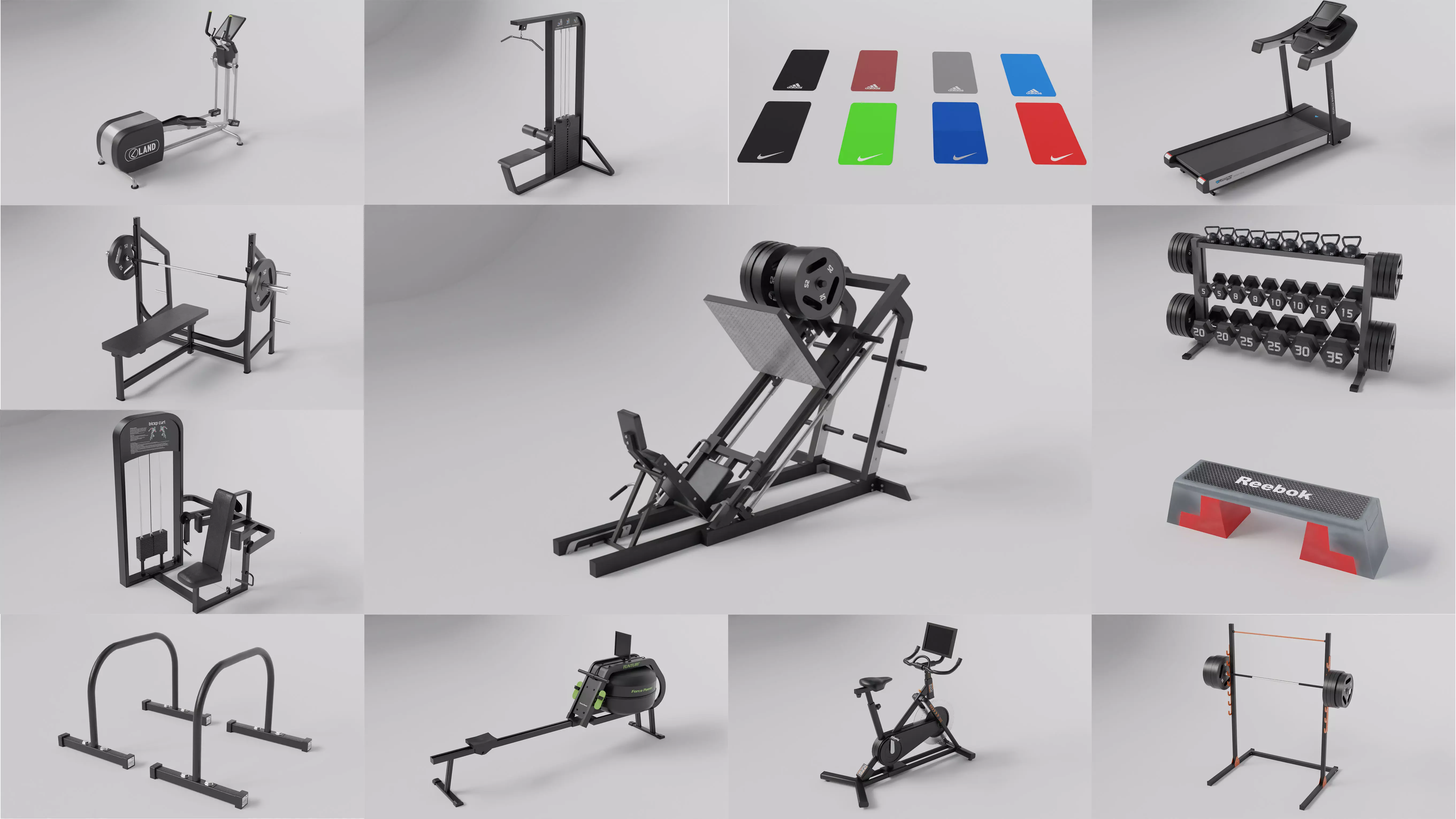 Gym 3D model set exercise bike with monitor 3D model_0