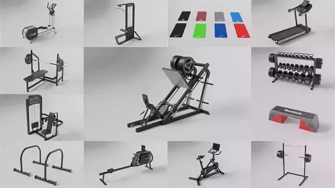 Gym 3D model set exercise bike with monitor