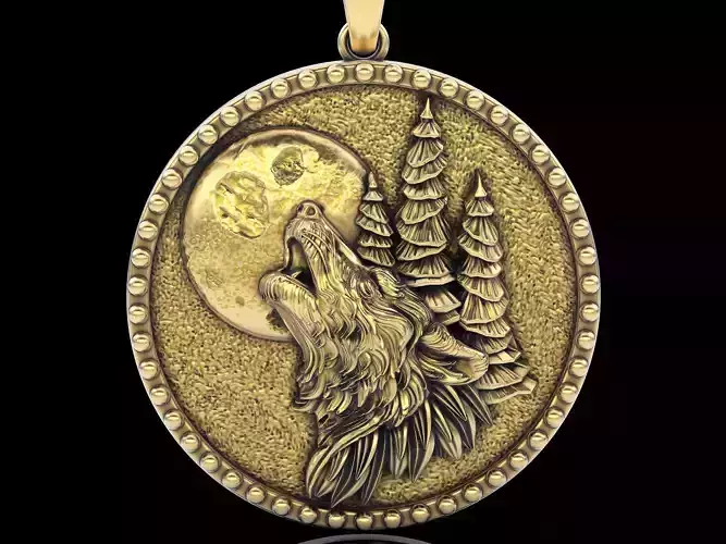 Wolf and moon pendantsilver gold  printable jewelry 3D model 3D print model