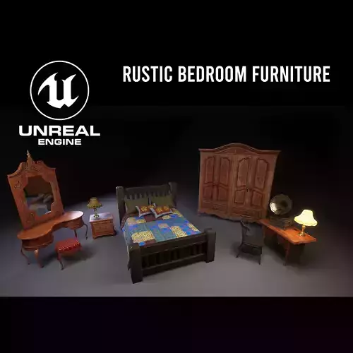 Unreal Engine 5 - Rustic bedroom furniture Low-poly 3D model