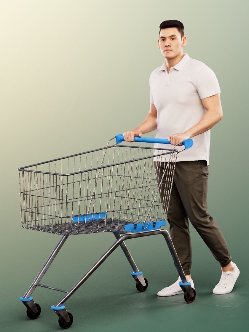 Karl 12697 - Casual Asian Man With Shoppingcart Low-poly 3D model_3