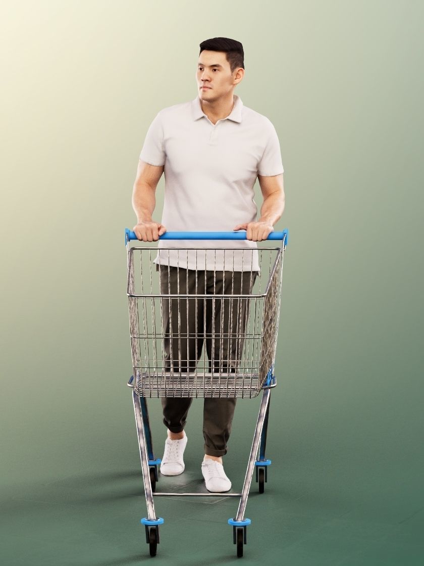 Karl 12697 - Casual Asian Man With Shoppingcart Low-poly 3D model_2