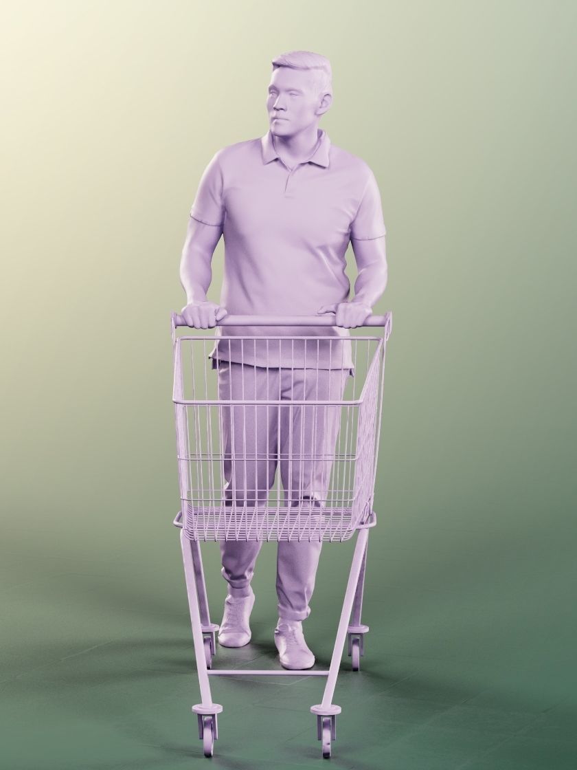 Karl 12697 - Casual Asian Man With Shoppingcart Low-poly 3D model_4