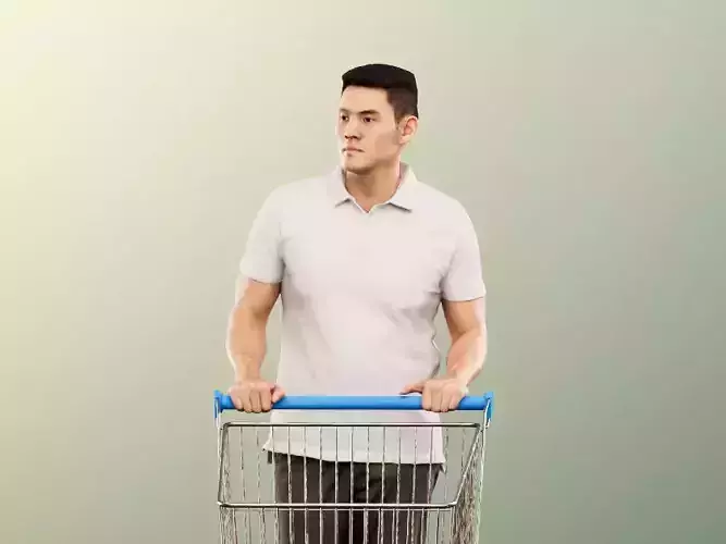 Karl 12697 - Casual Asian Man With Shoppingcart