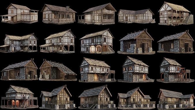1 - 40 OLD MEDIEVAL BUILDINGS PACK 4K Textures GameReady Low-poly 3D model 3