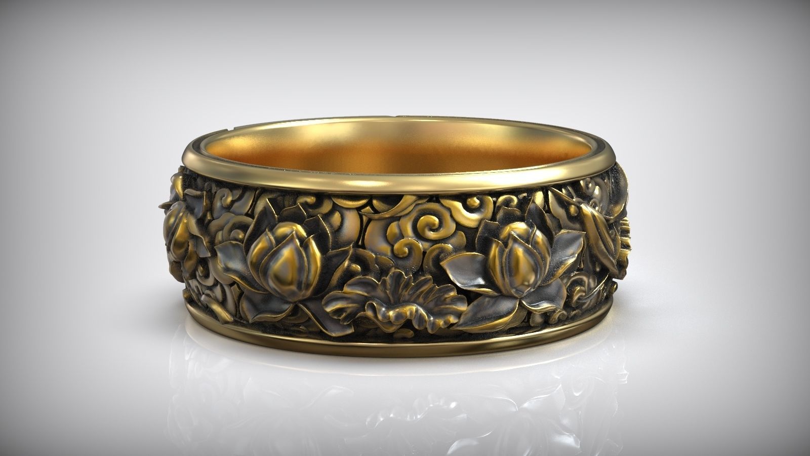 Japanese Lotus Flower Kanji Ornamental Wedding Band 3D print model_5