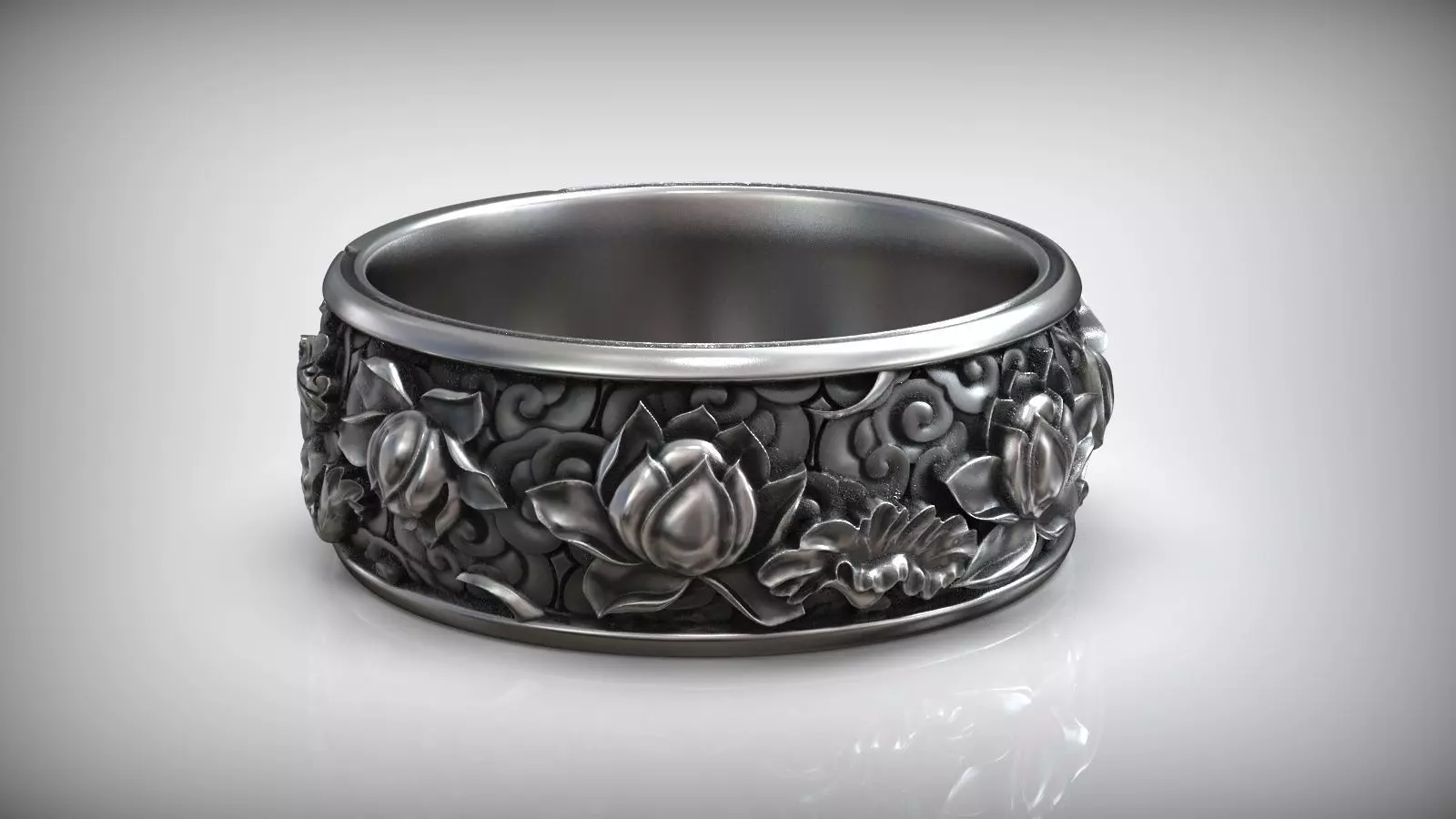 Japanese Lotus Flower Kanji Ornamental Wedding Band 3D print model_0