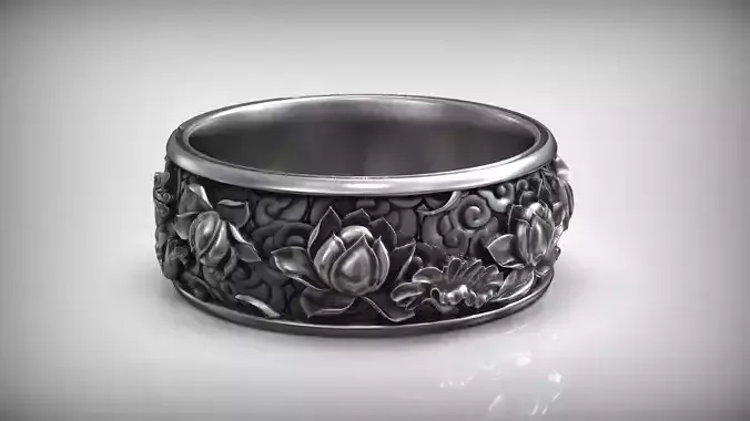Japanese Lotus Flower Kanji Ornamental Wedding Band 3D print model