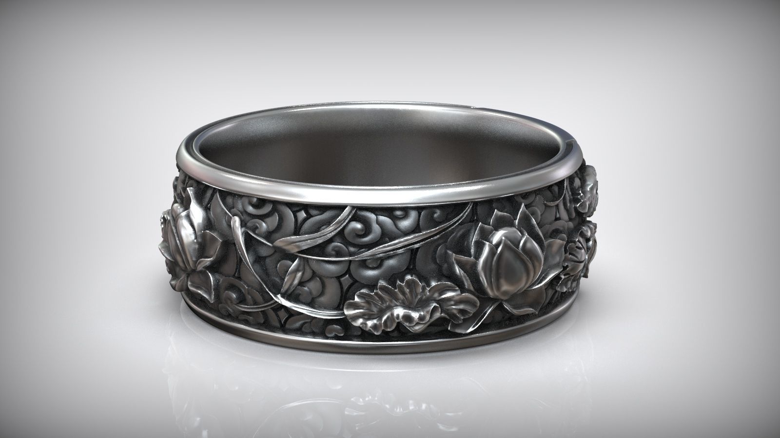Japanese Lotus Flower Kanji Ornamental Wedding Band 3D print model_2