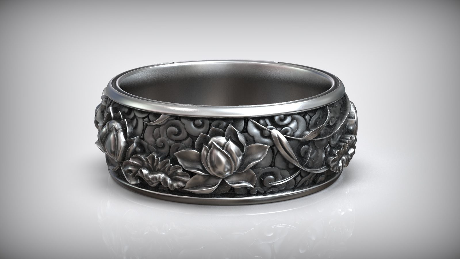 Japanese Lotus Flower Kanji Ornamental Wedding Band 3D print model_1