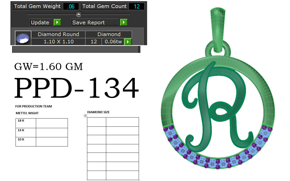 Alphabet - R rose gold pendant with diamonds 3D print model_1