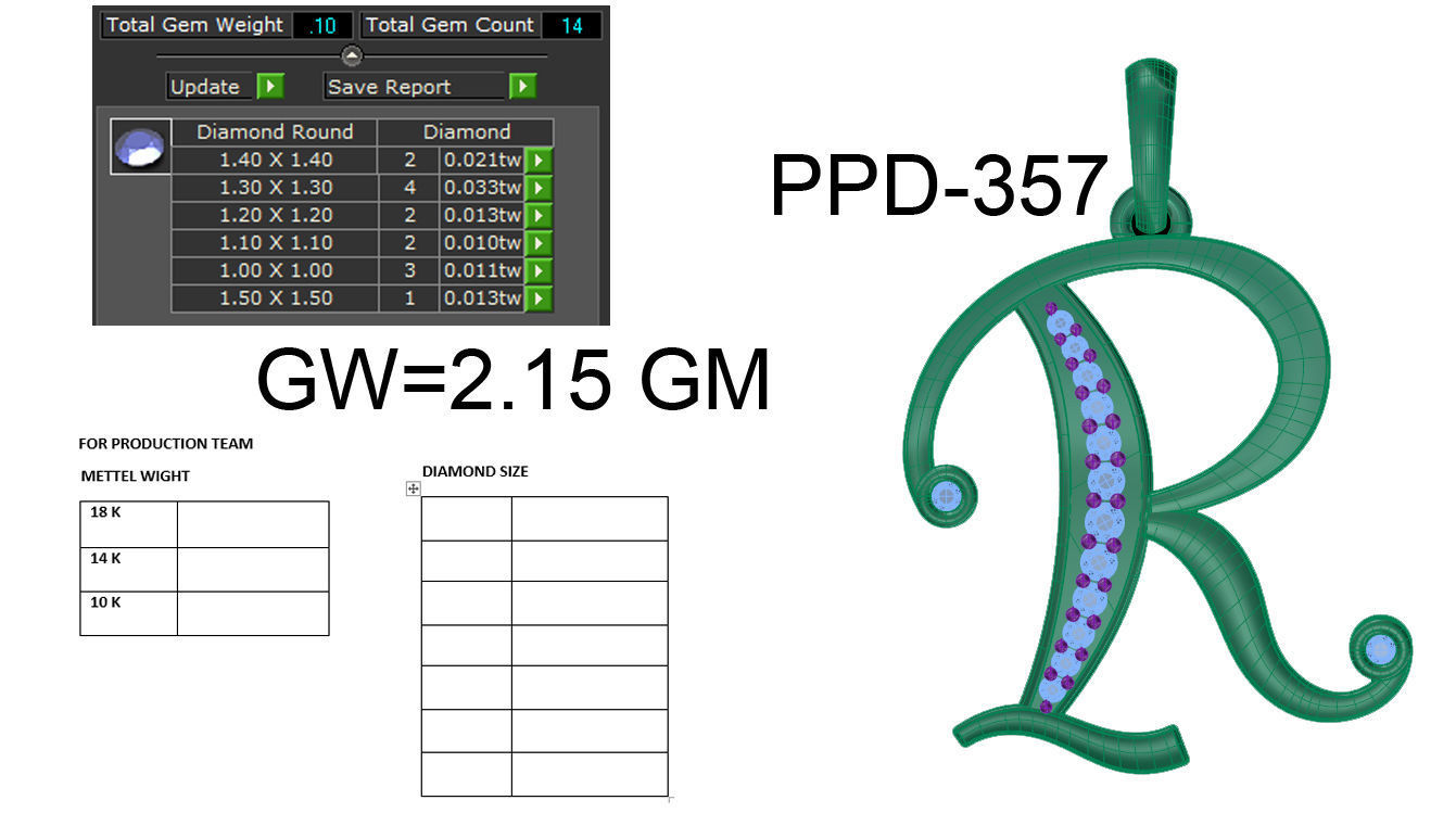 Alphabet - R initial pendant gold with diamonds 3D print model_6