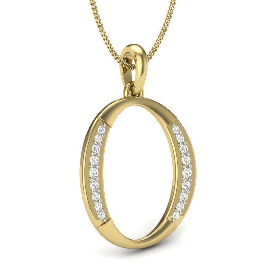Alphabet - O oval pendant with diamonds on gold chain 3D print model_3