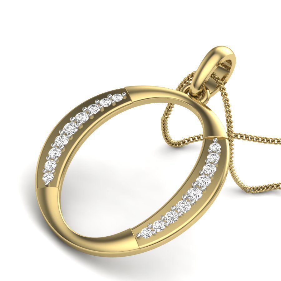 Alphabet - O oval pendant with diamonds on gold chain 3D print model_1