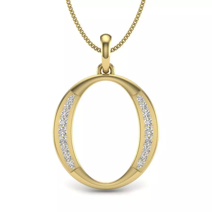 Alphabet - O oval pendant with diamonds on gold chain 3D print model_0