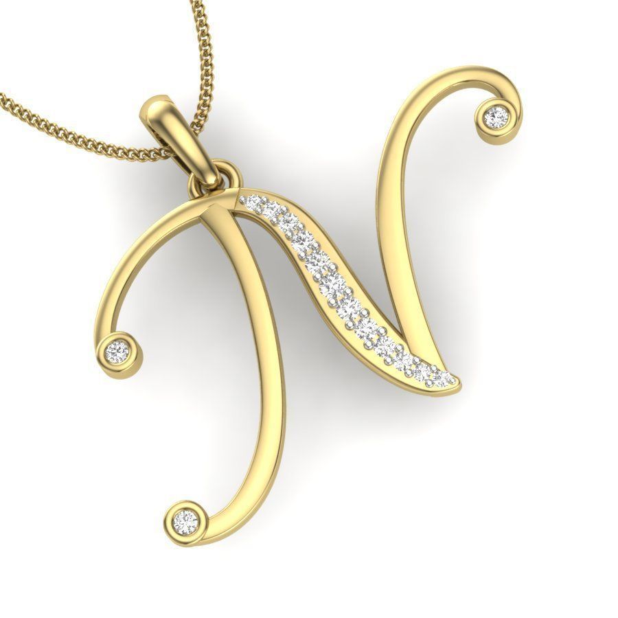 Alphabet - N initial pendant gold with diamonds 3D print model_4