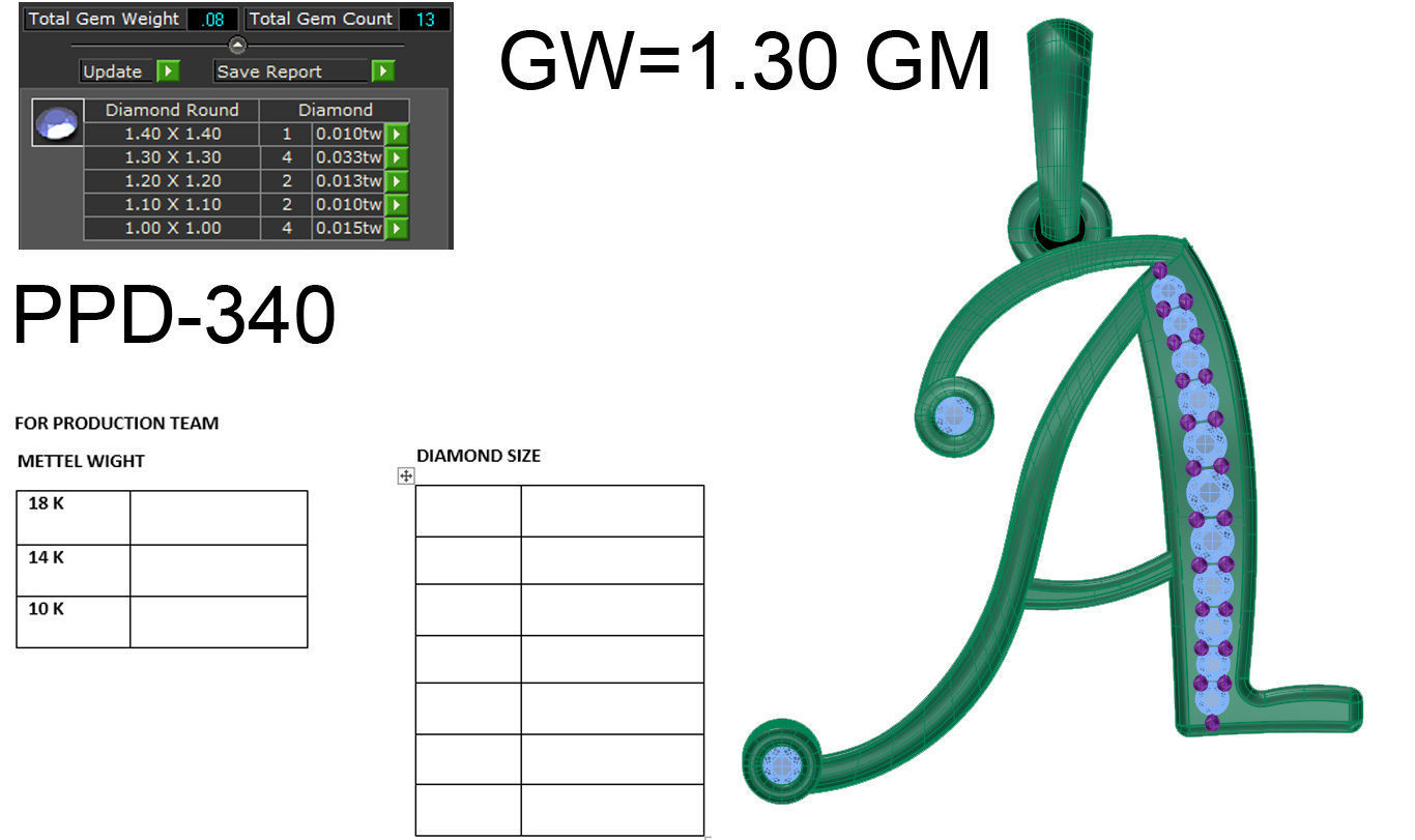 Alphabet - A initial necklace gold with diamonds 3D print model_5