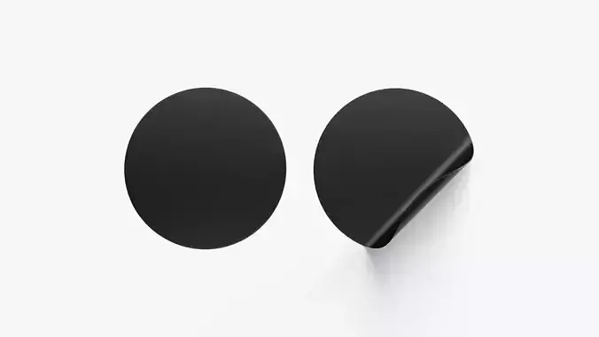 Two Black Round Stickers - flat curled corners glutinous tally