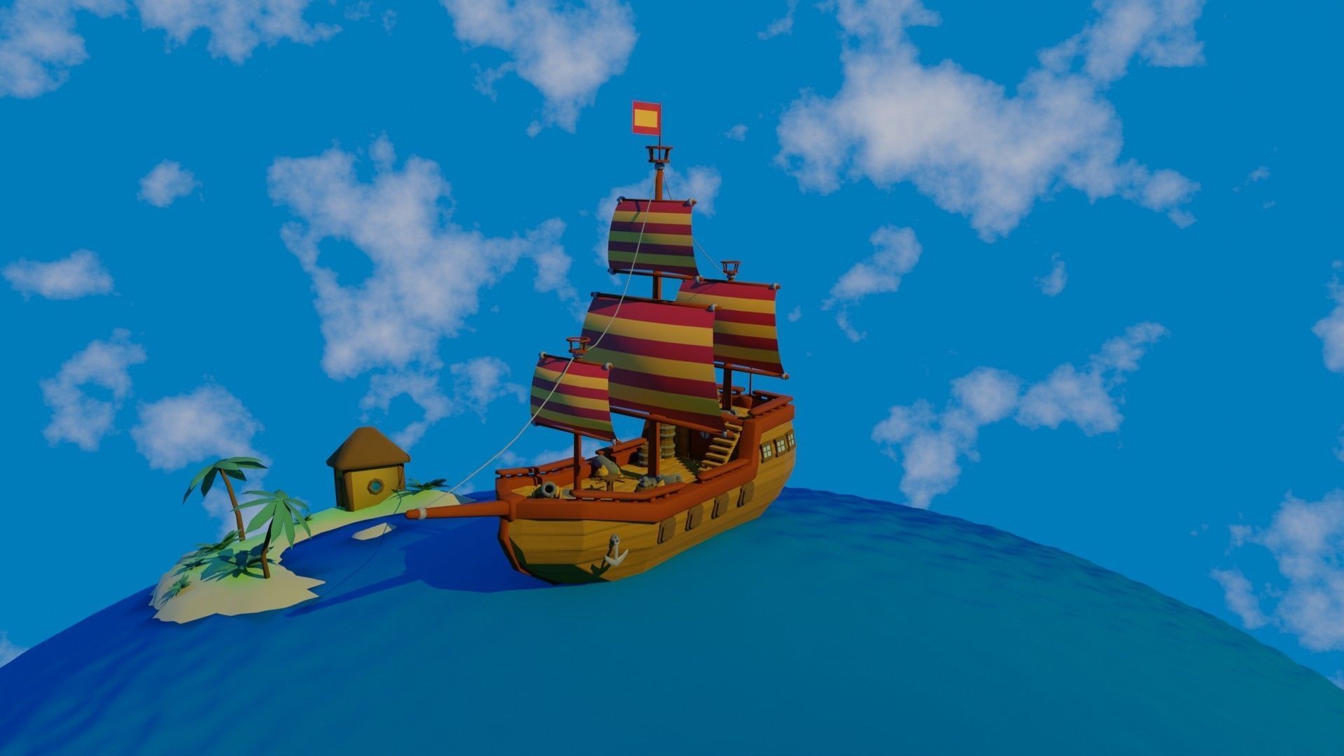 Scene and model ship in sea Low-poly 3D model_0