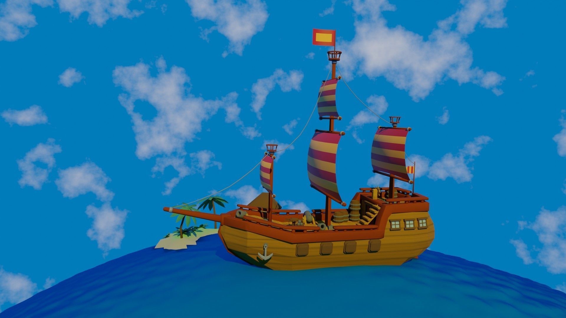 Scene and model ship in sea Low-poly 3D model_2