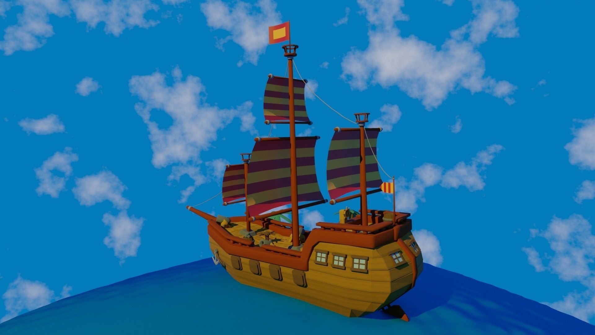 Scene and model ship in sea Low-poly 3D model_3