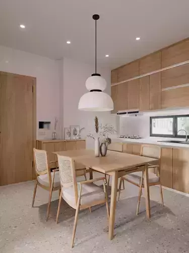 T House kitchen with wooden cabinets and dining table 3D model