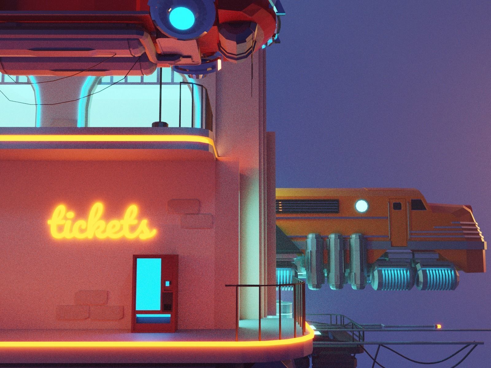 Cartoon Cloud Train Station scene  3D model_4