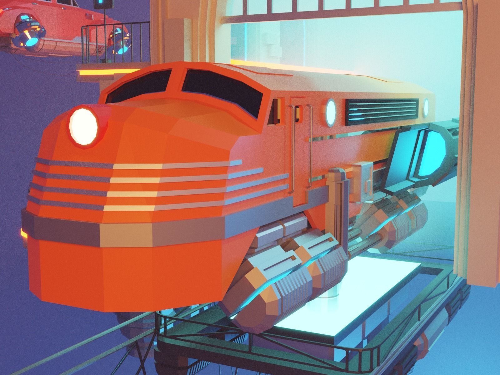 Cartoon Cloud Train Station scene  3D model_2