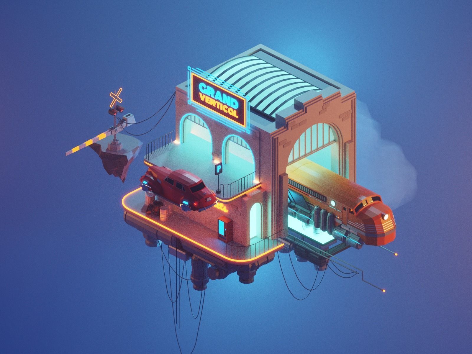 Cartoon Cloud Train Station scene  3D model_8