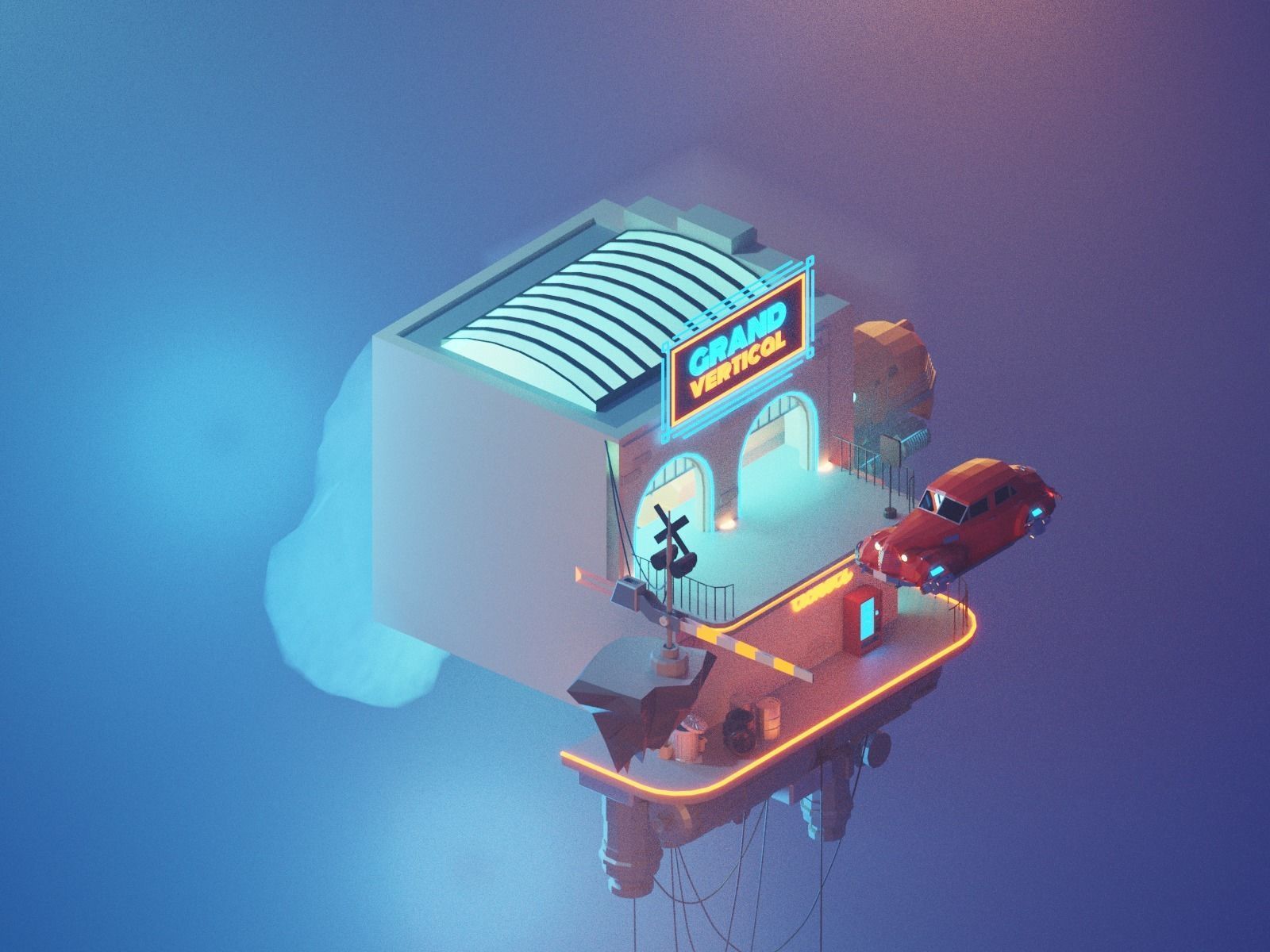 Cartoon Cloud Train Station scene  3D model_13