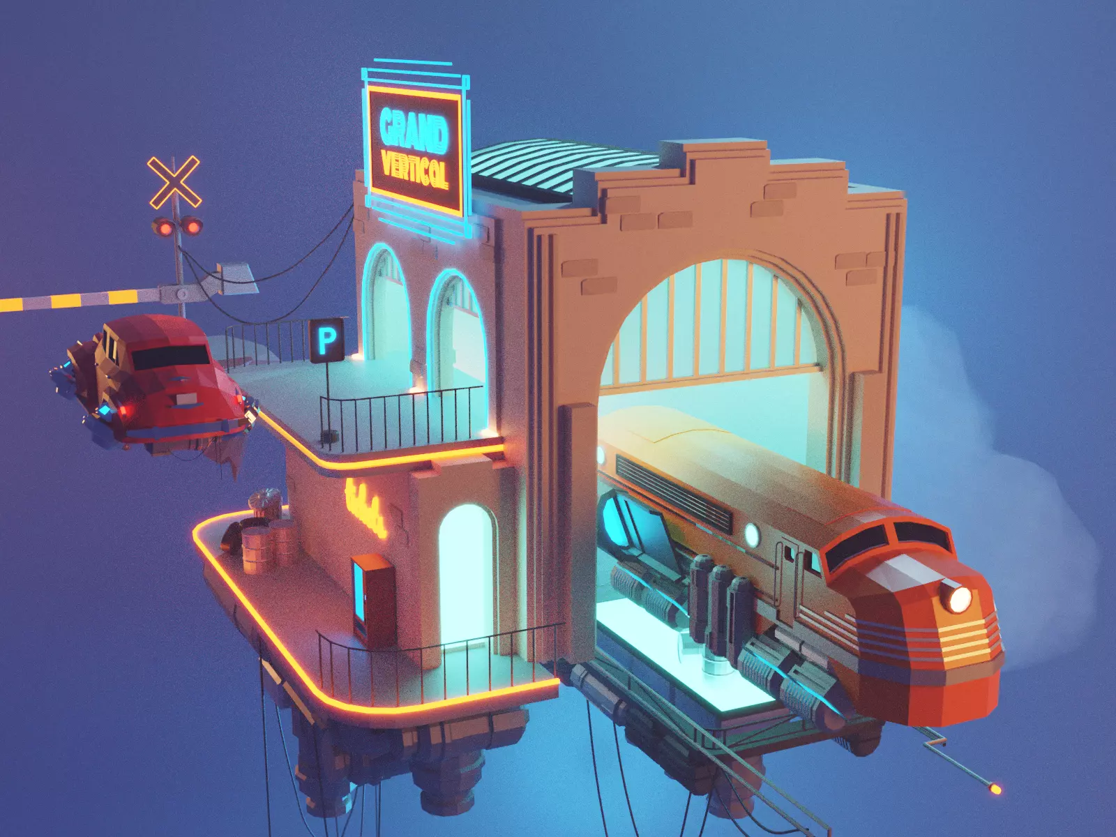 Cartoon Cloud Train Station scene  3D model_0