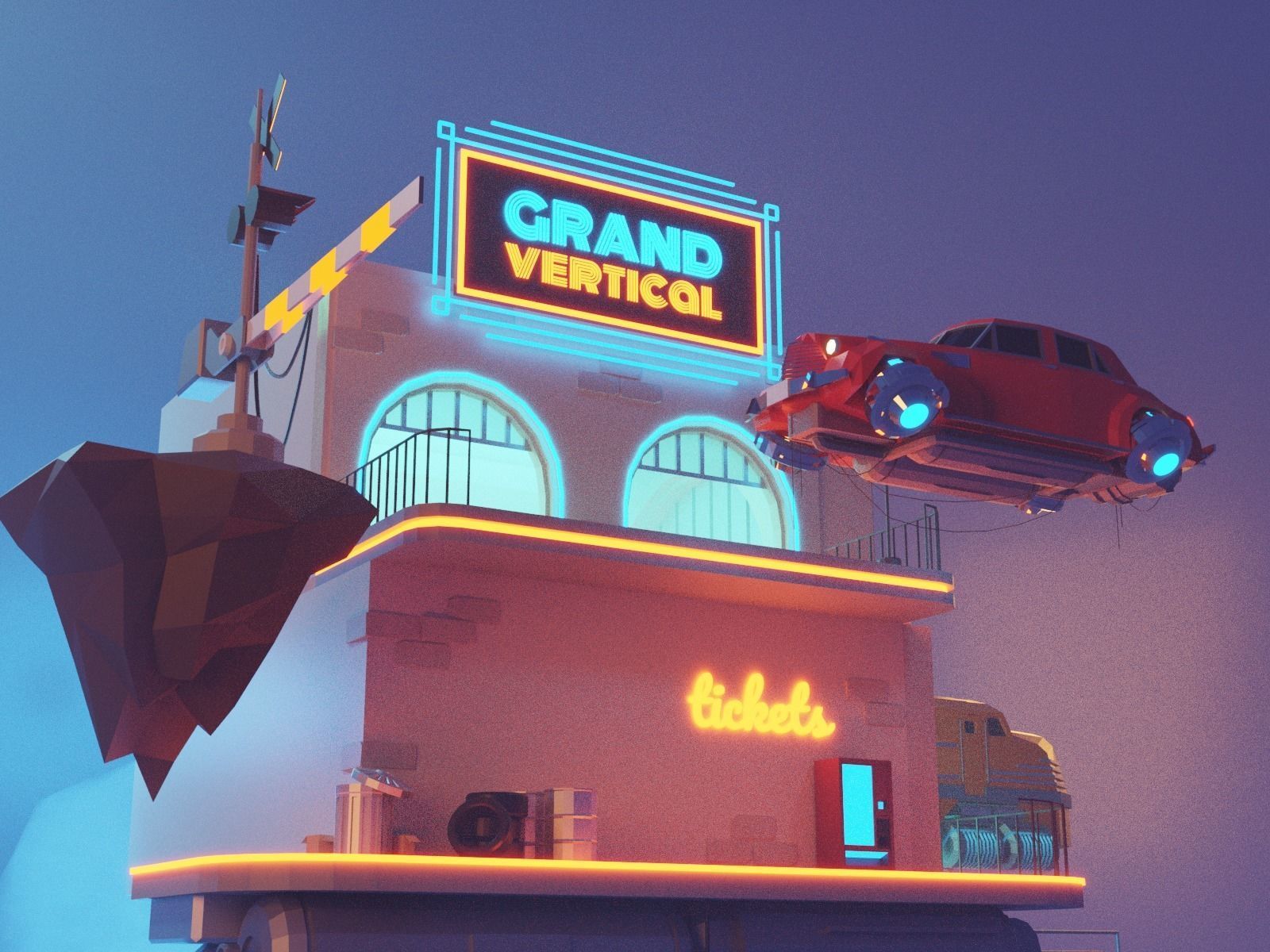 Cartoon Cloud Train Station scene  3D model_3