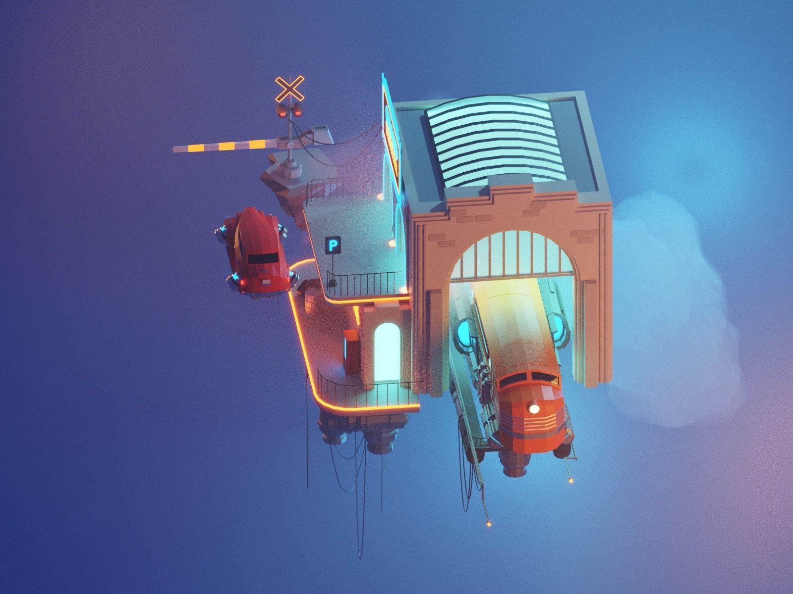 Cartoon Cloud Train Station scene  3D model_25