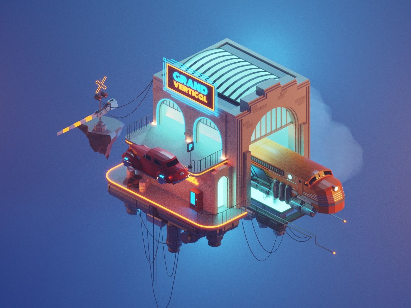 Cartoon Cloud Train Station scene  3D model_27