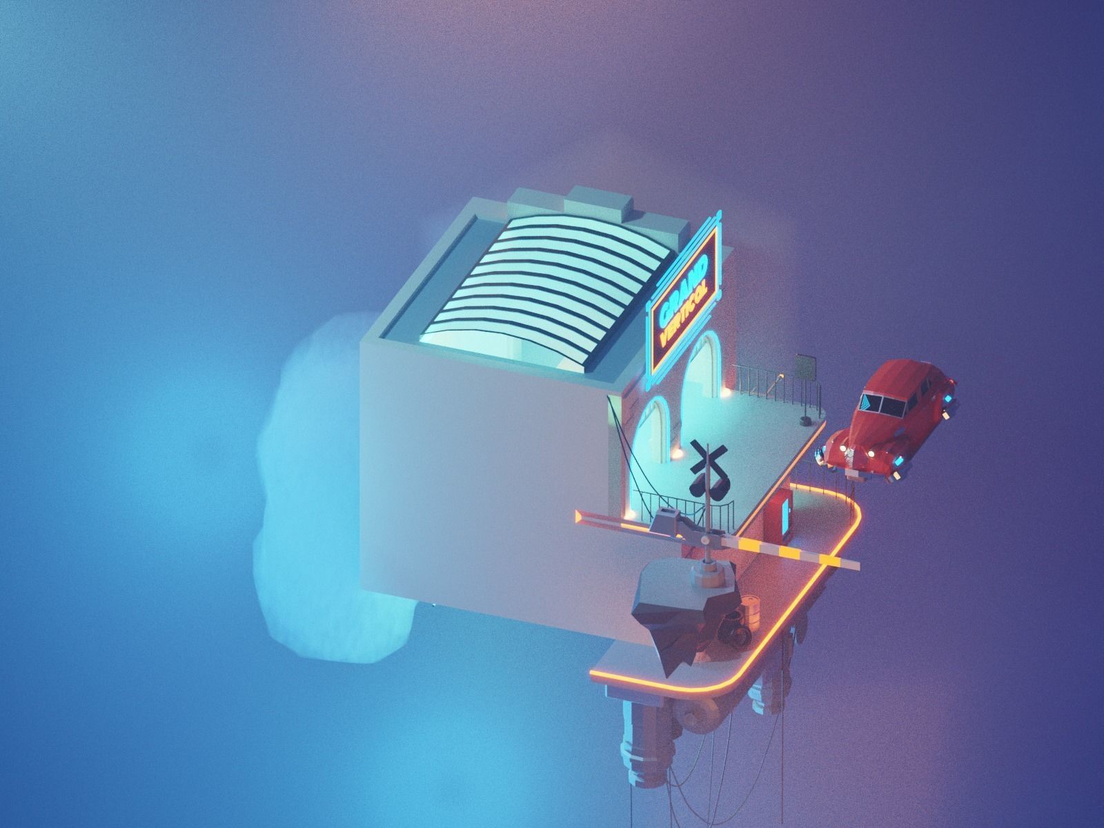 Cartoon Cloud Train Station scene  3D model_14