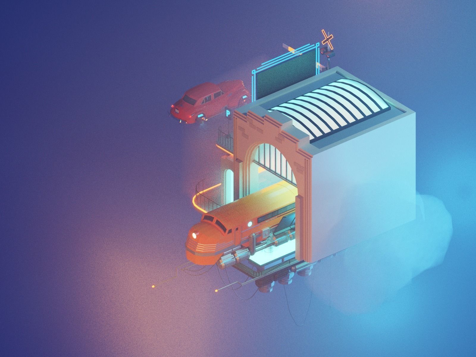 Cartoon Cloud Train Station scene  3D model_22