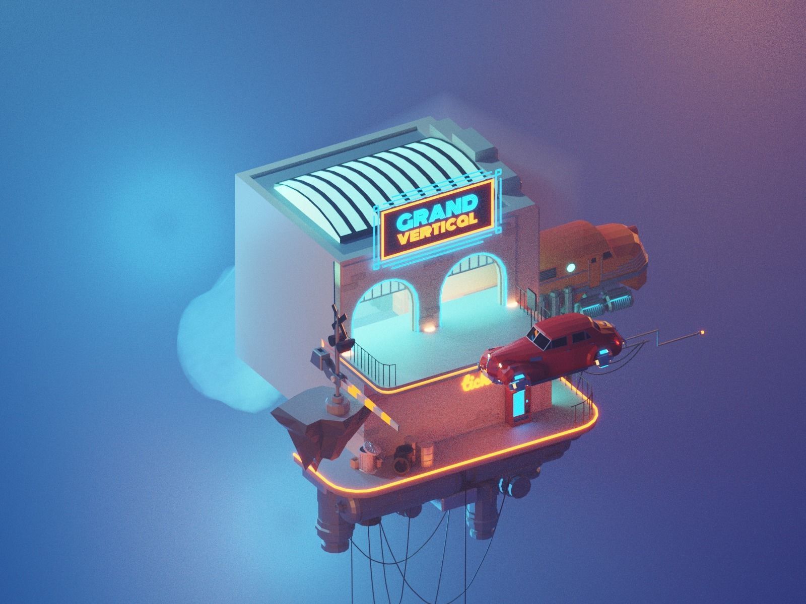 Cartoon Cloud Train Station scene  3D model_12