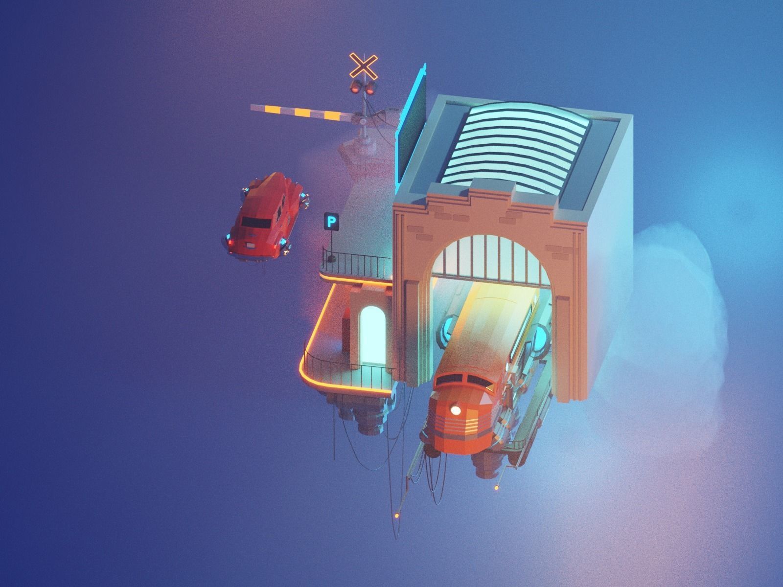 Cartoon Cloud Train Station scene  3D model_24
