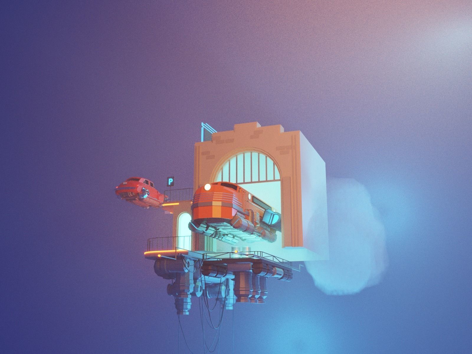 Cartoon Cloud Train Station scene  3D model_7